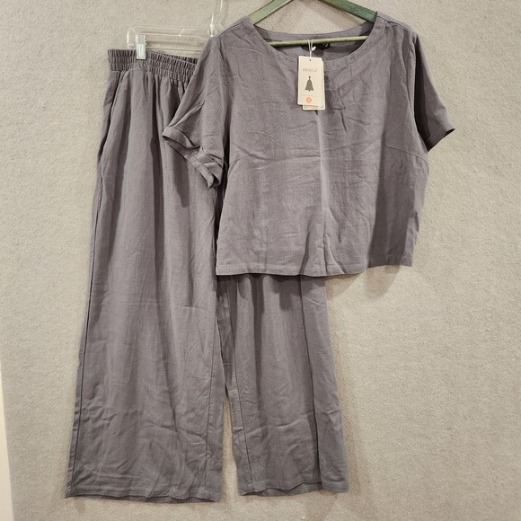 Zesica Pants - ZESICA Linen Short Sleeve Crop Top High Waist Pants Lounge Set Women's XL Gray